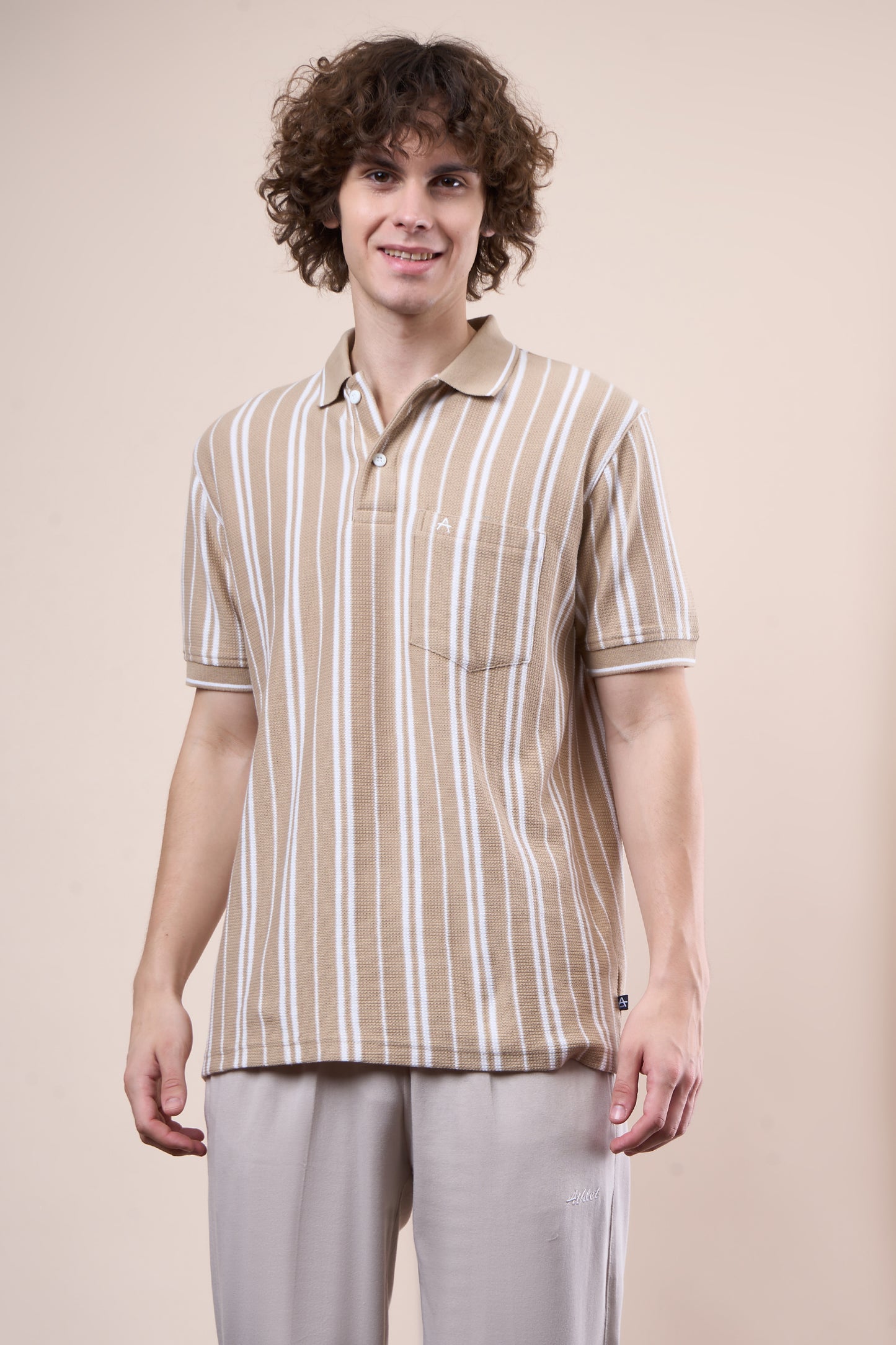 Vertical Striped Jacquard Pocket Polo T-Shirt