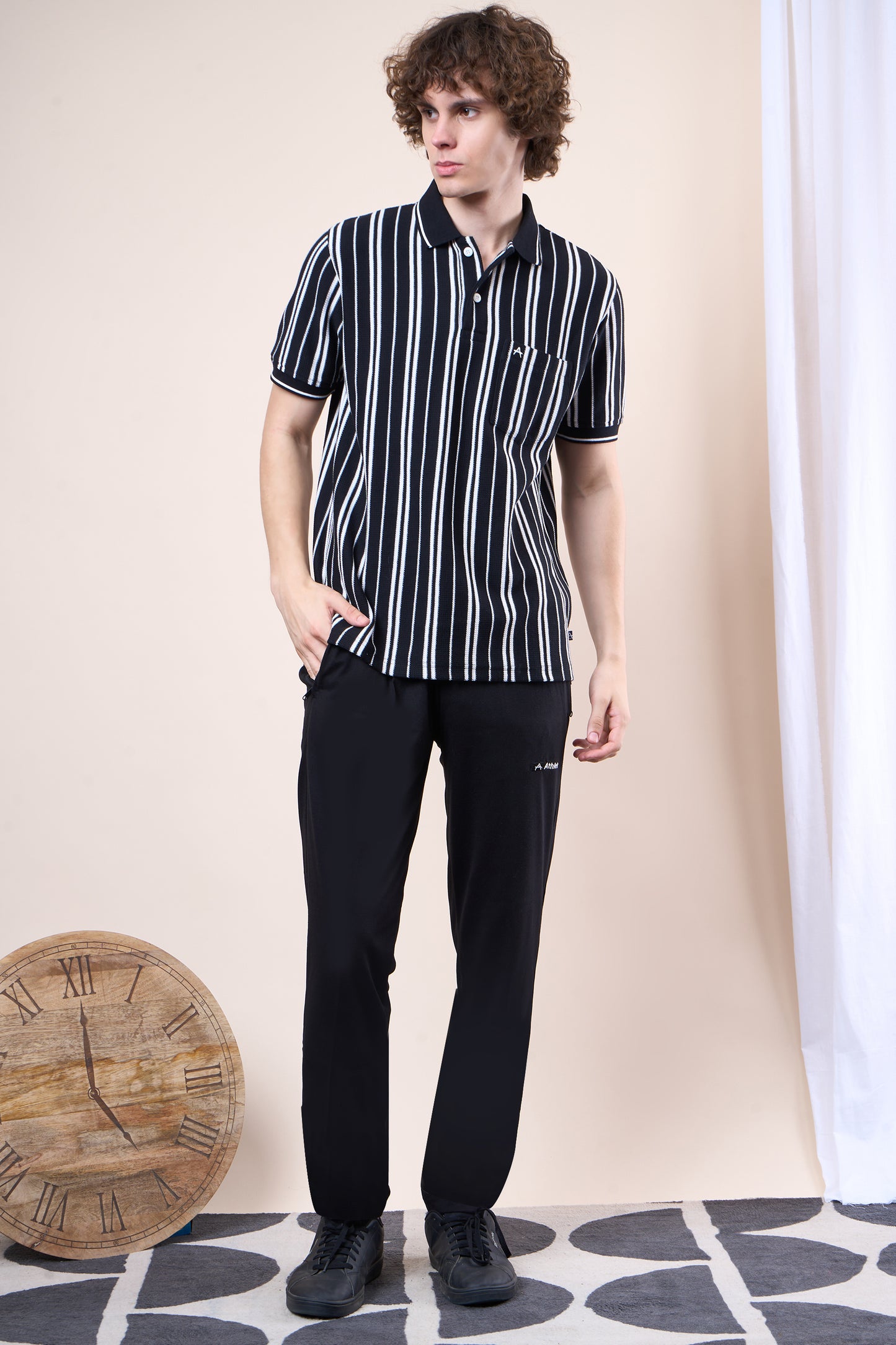 Vertical Striped Jacquard Pocket Polo T-Shirt