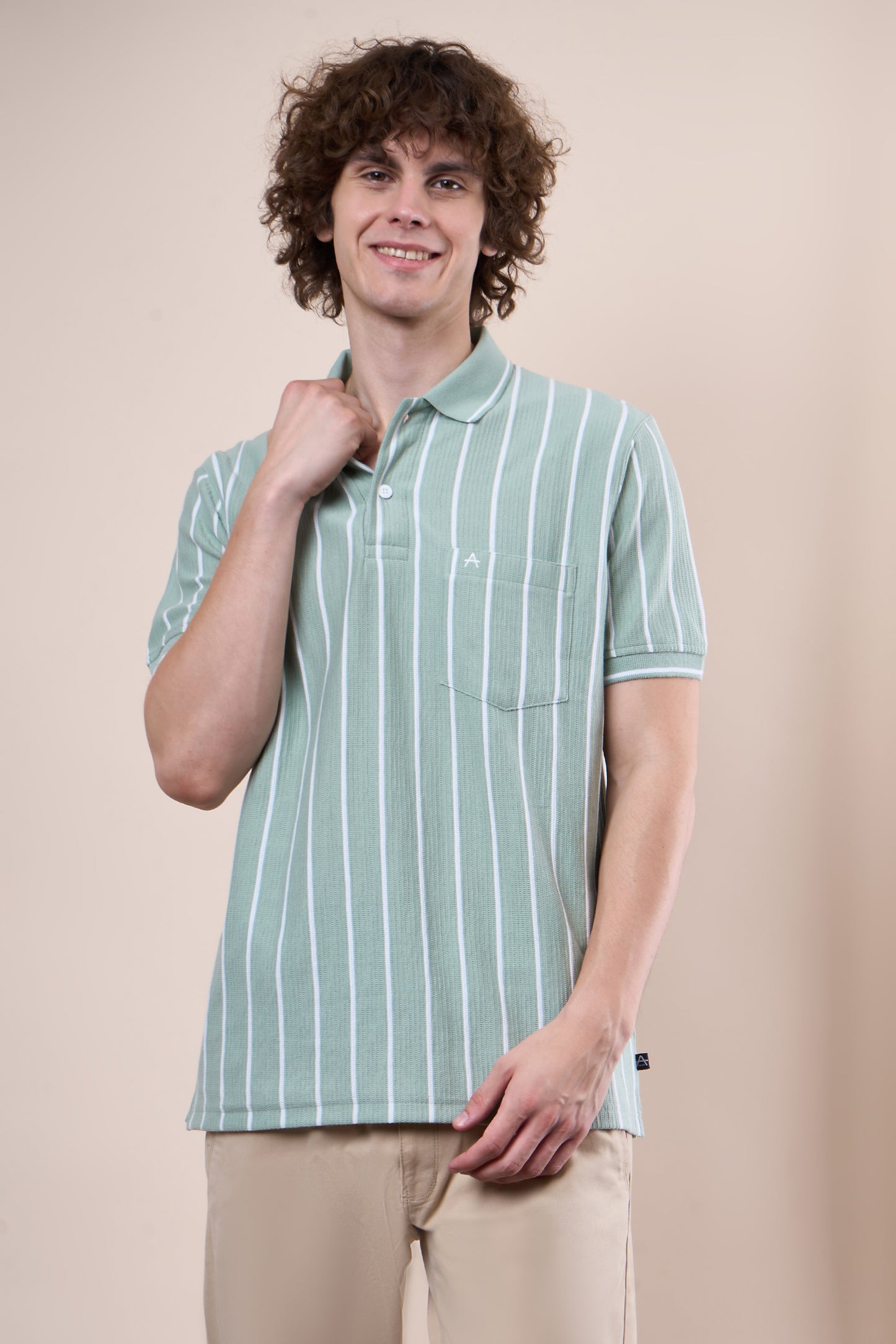 Vertical Striped Jacquard Pocket Polo T-Shirt