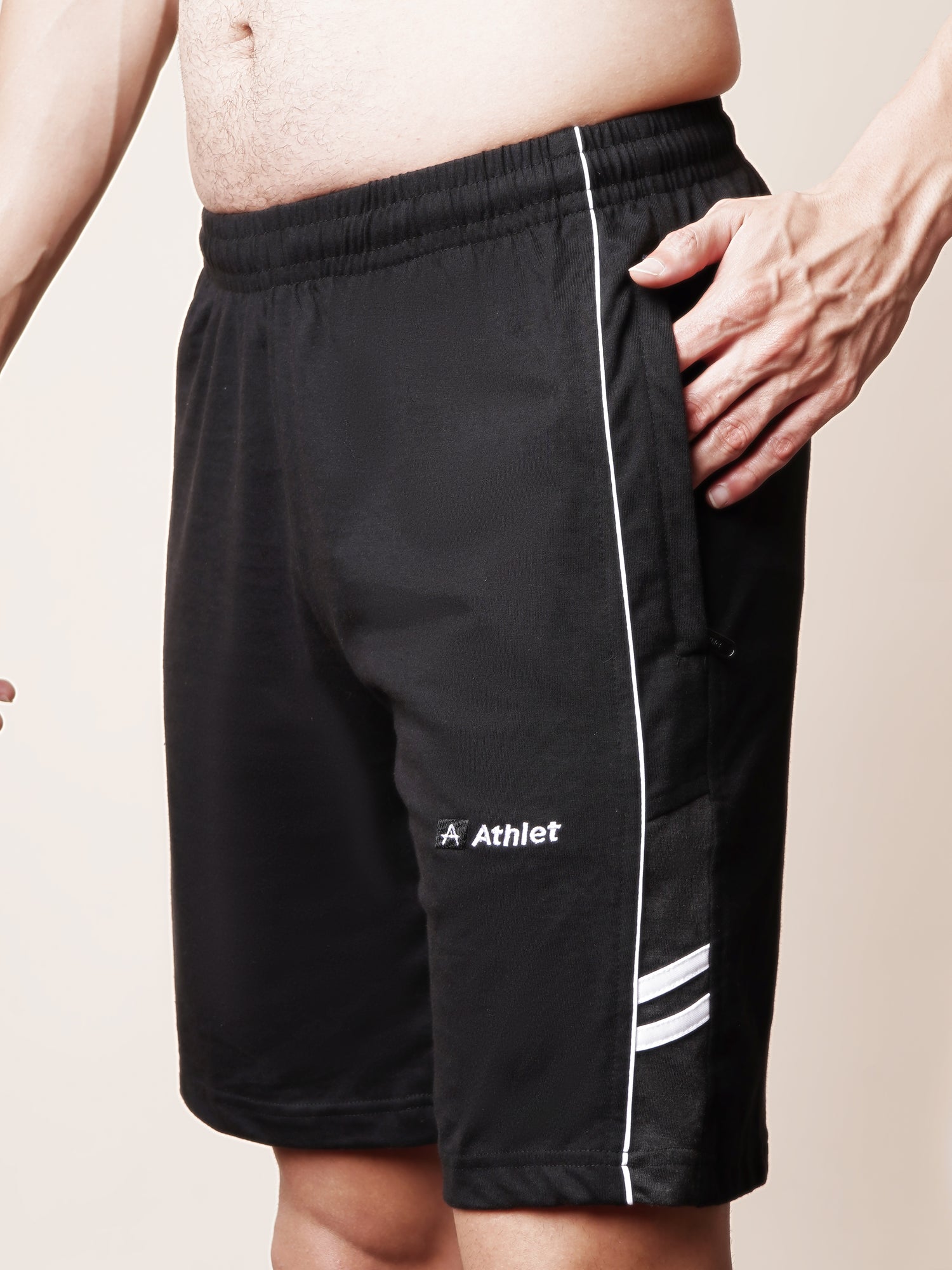 ATHLET Men’s Bermuda Shorts featuring Contrast Trim & Double Stripes – Cotton Hosiery Regular Fit with Elastic Waist & Zip Pockets -108