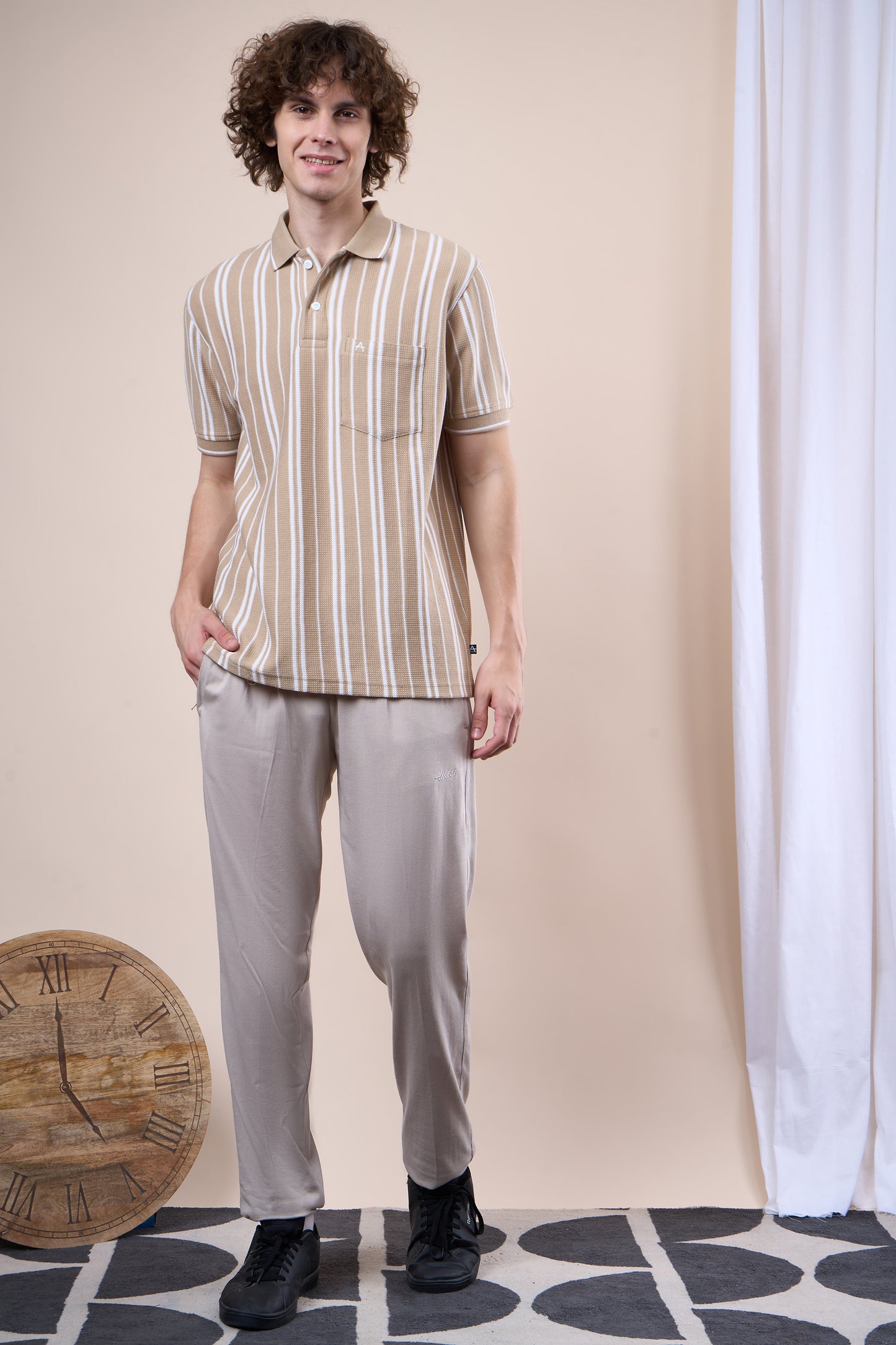 Vertical Striped Jacquard Pocket Polo T-Shirt