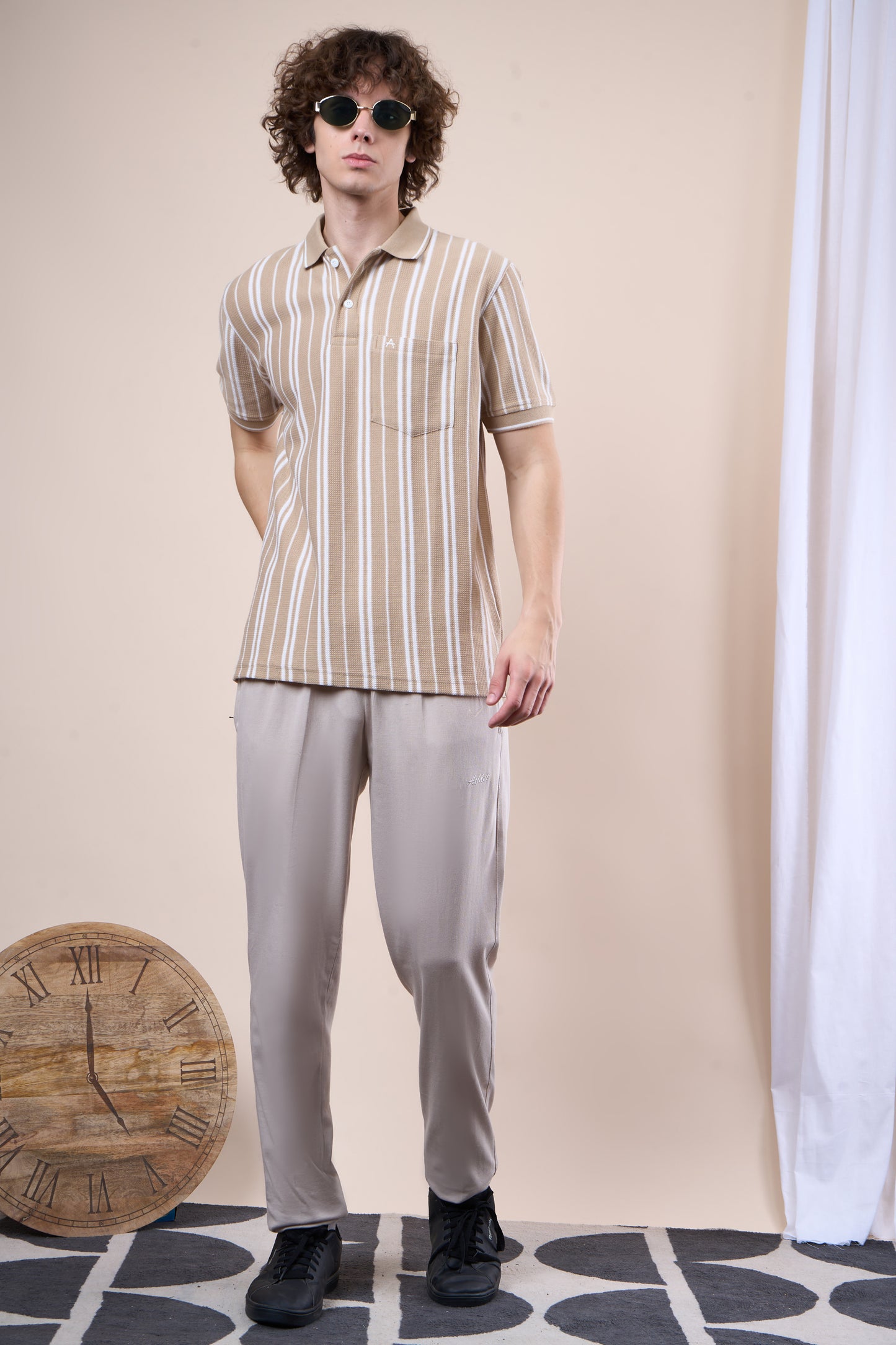 Vertical Striped Jacquard Pocket Polo T-Shirt