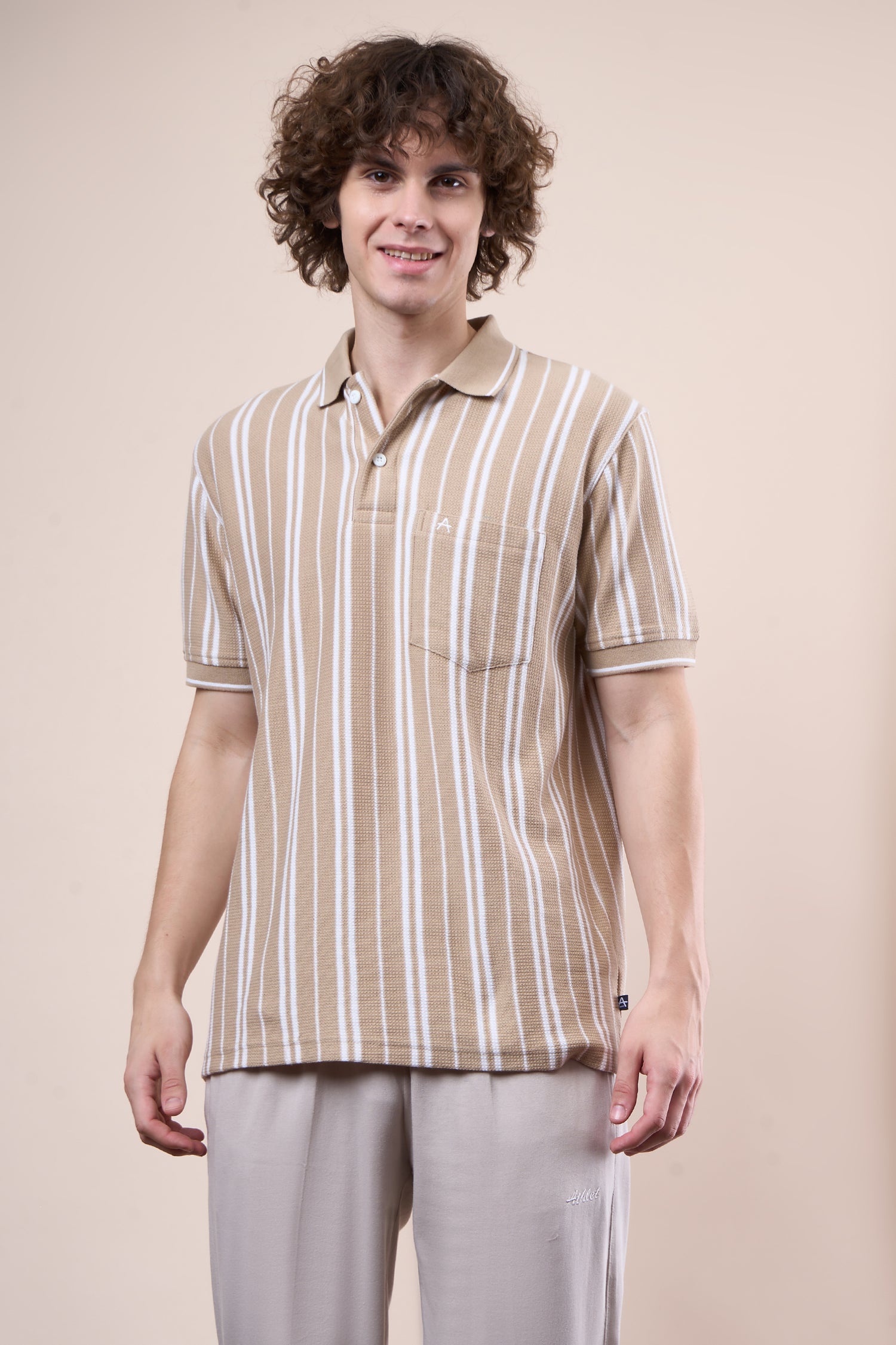 Vertical Striped Jacquard Pocket Polo T-Shirt