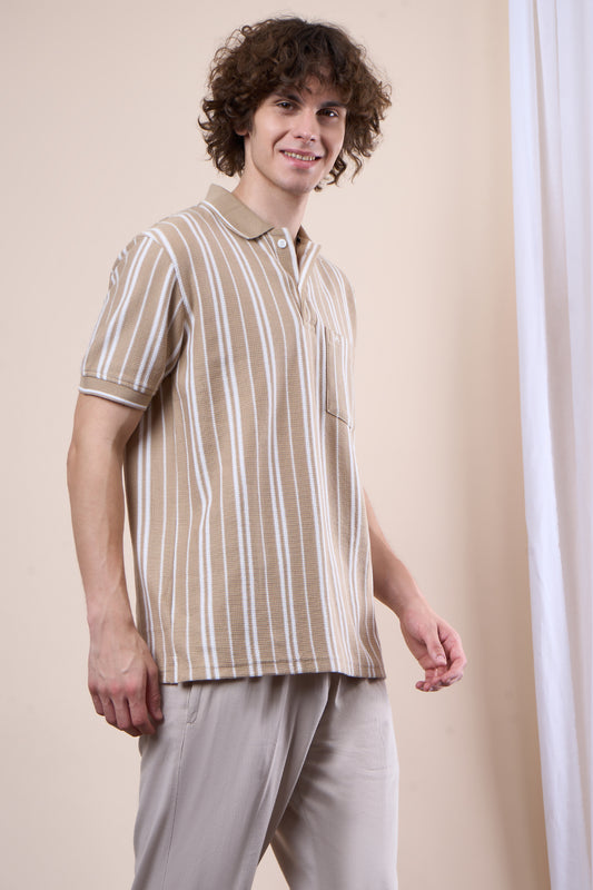 Vertical Striped Jacquard Pocket Polo T-Shirt