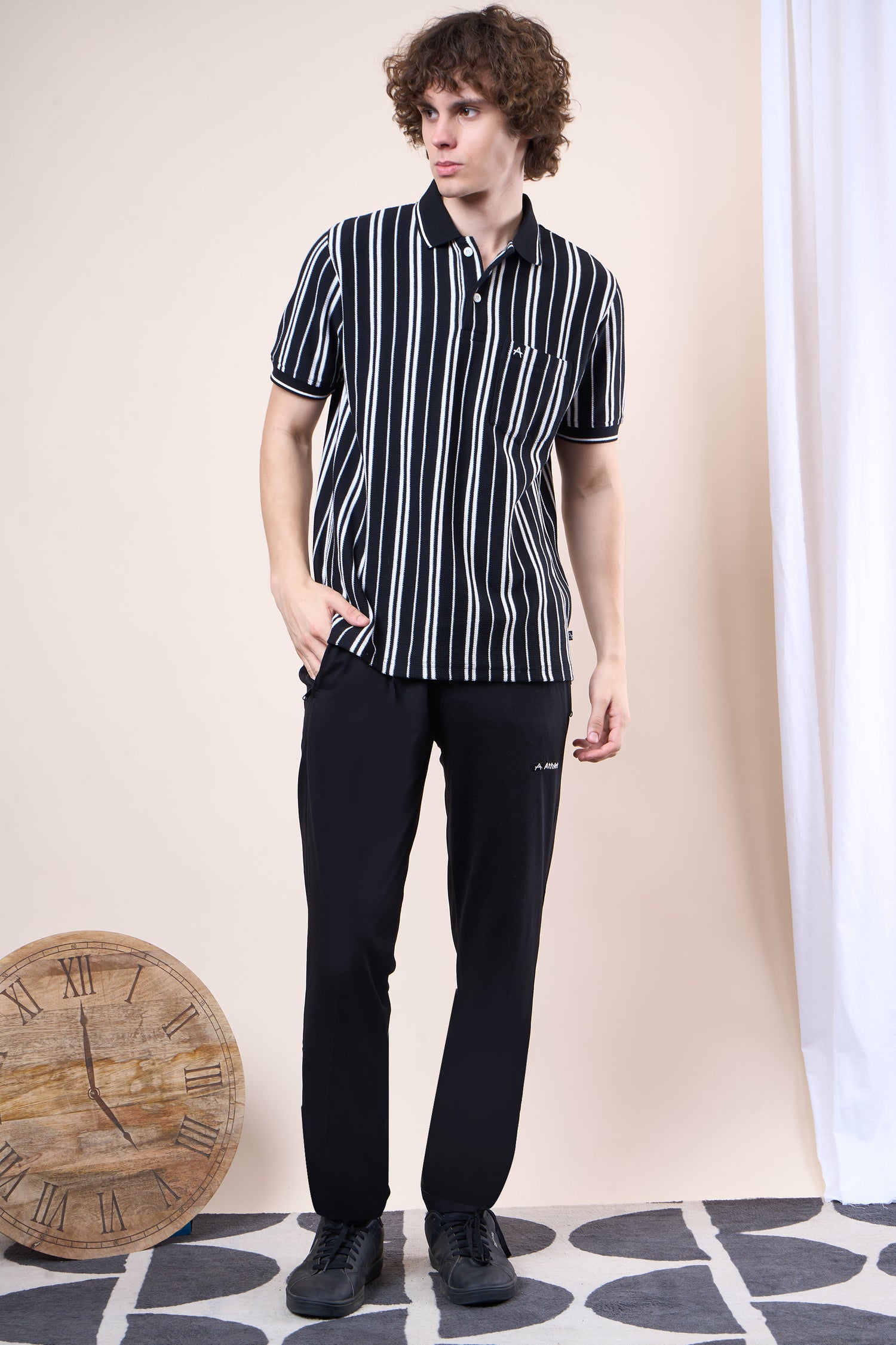Vertical Striped Jacquard Pocket Polo T-Shirt