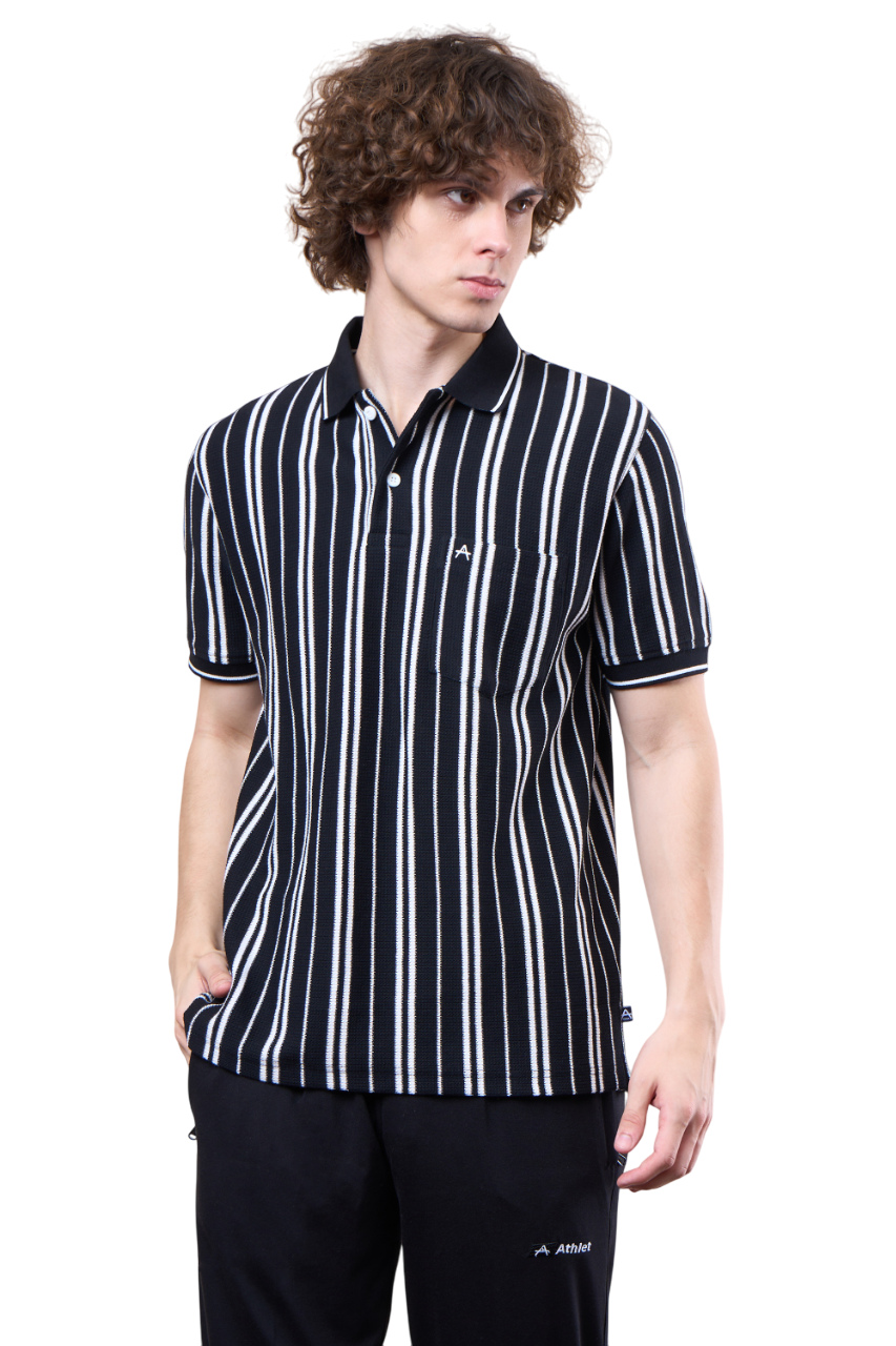 Vertical Striped Jacquard Pocket Polo T-Shirt