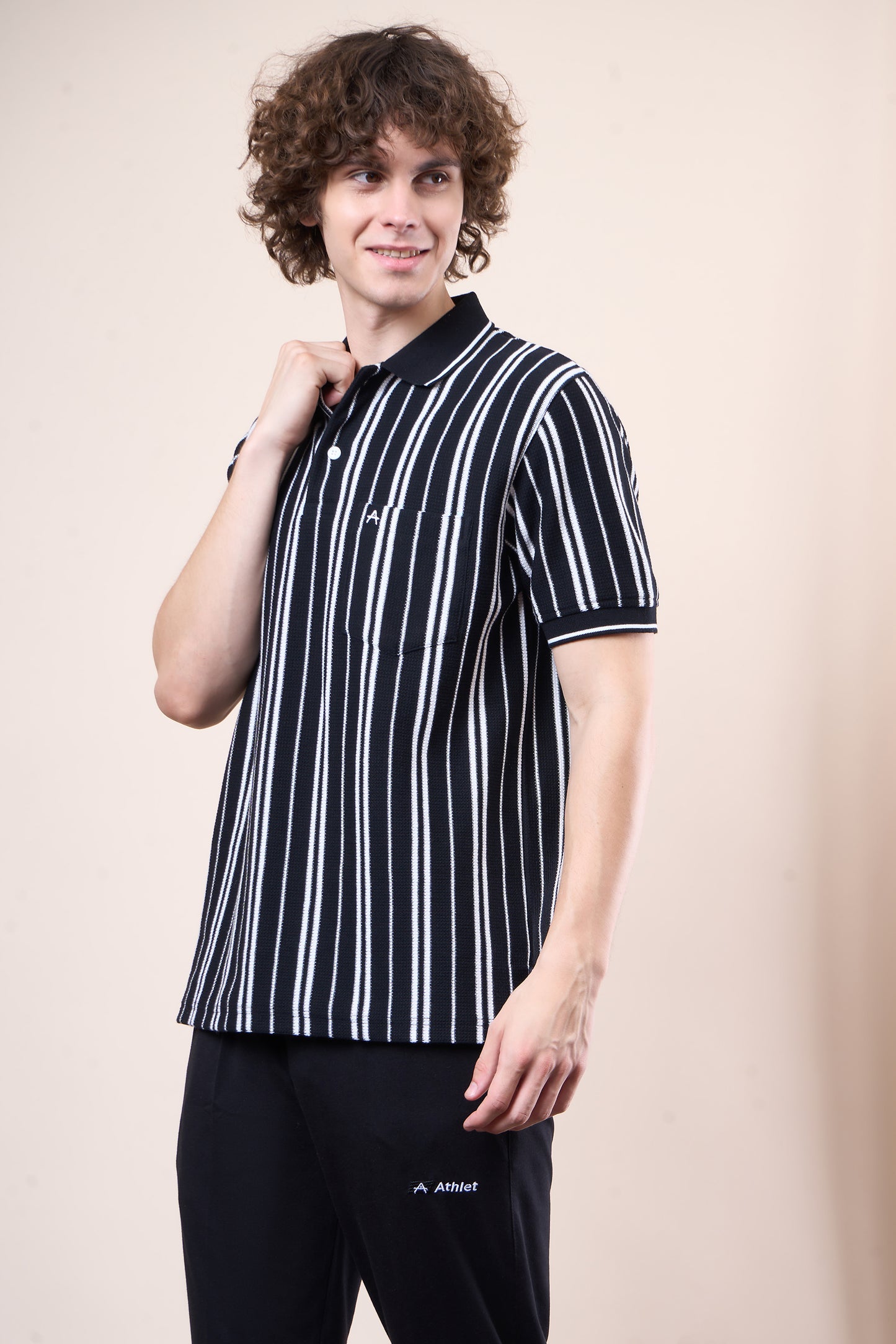 Vertical Striped Jacquard Pocket Polo T-Shirt