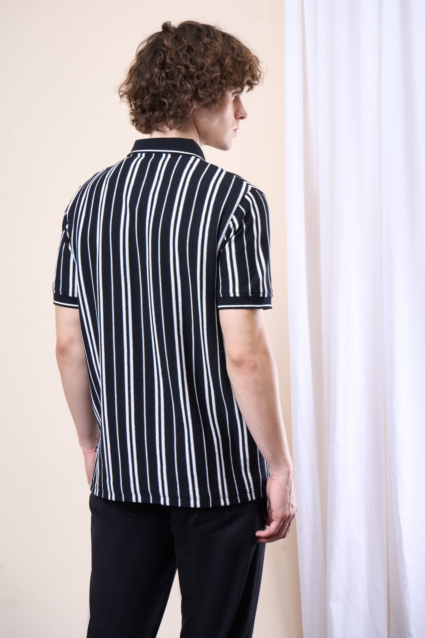 Vertical Striped Jacquard Pocket Polo T-Shirt