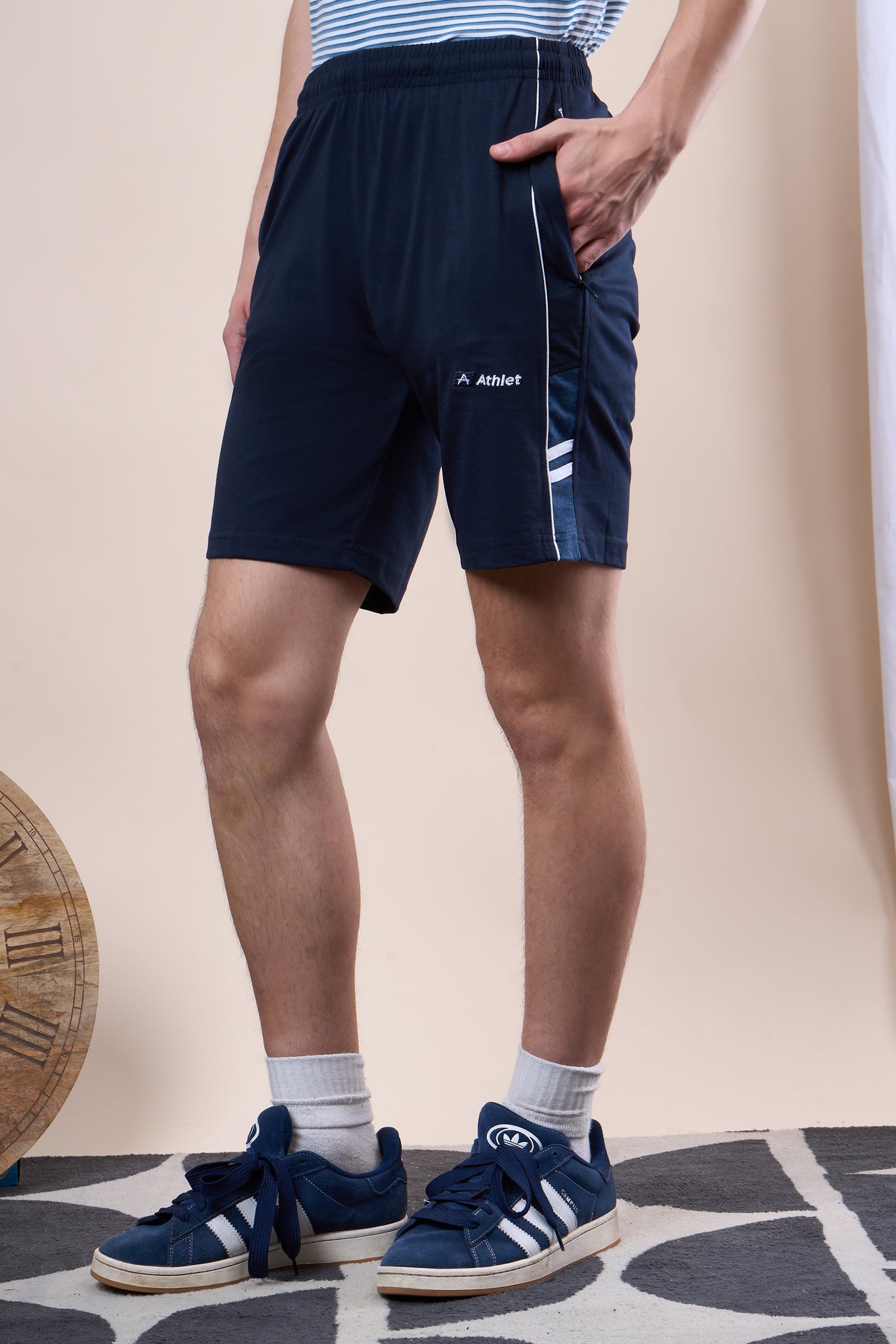 ATHLET Men’s Bermuda Shorts featuring Contrast Trim & Double Stripes – Cotton Hosiery Regular Fit with Elastic Waist & Zip Pockets -108