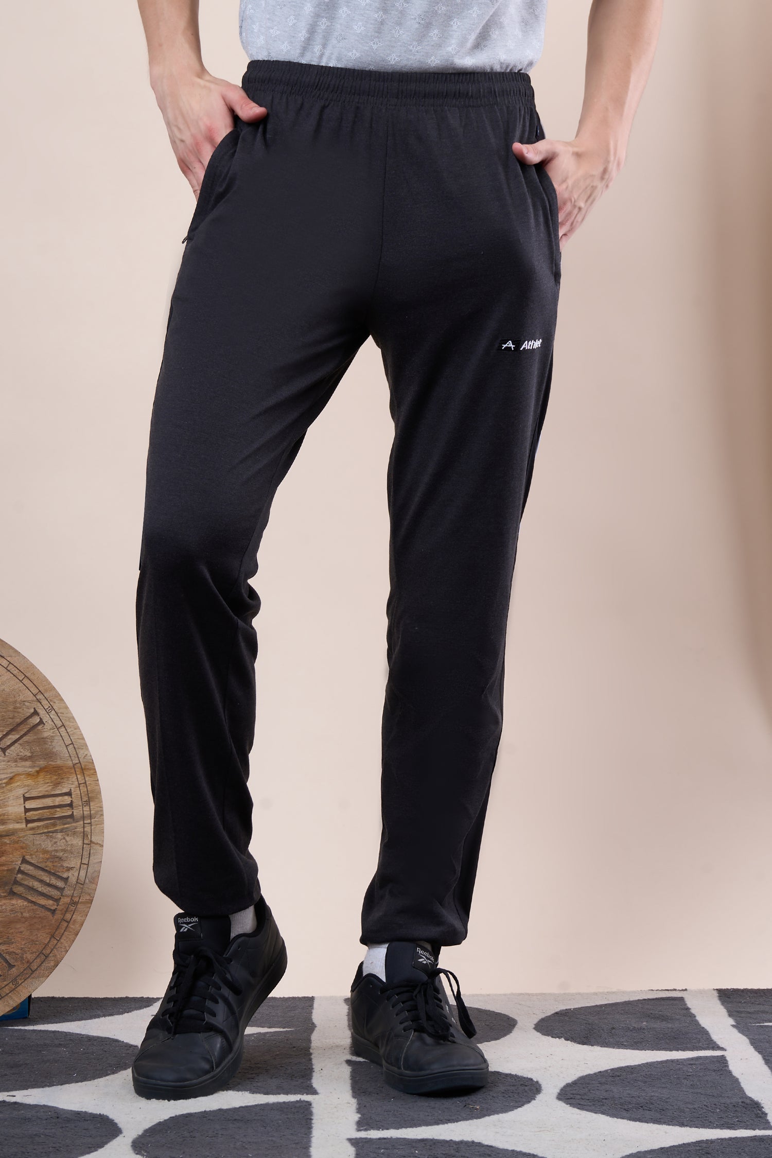 Men’s Cotton Track Pants – Regular Fit, Zipper Pockets Side Pattern -644