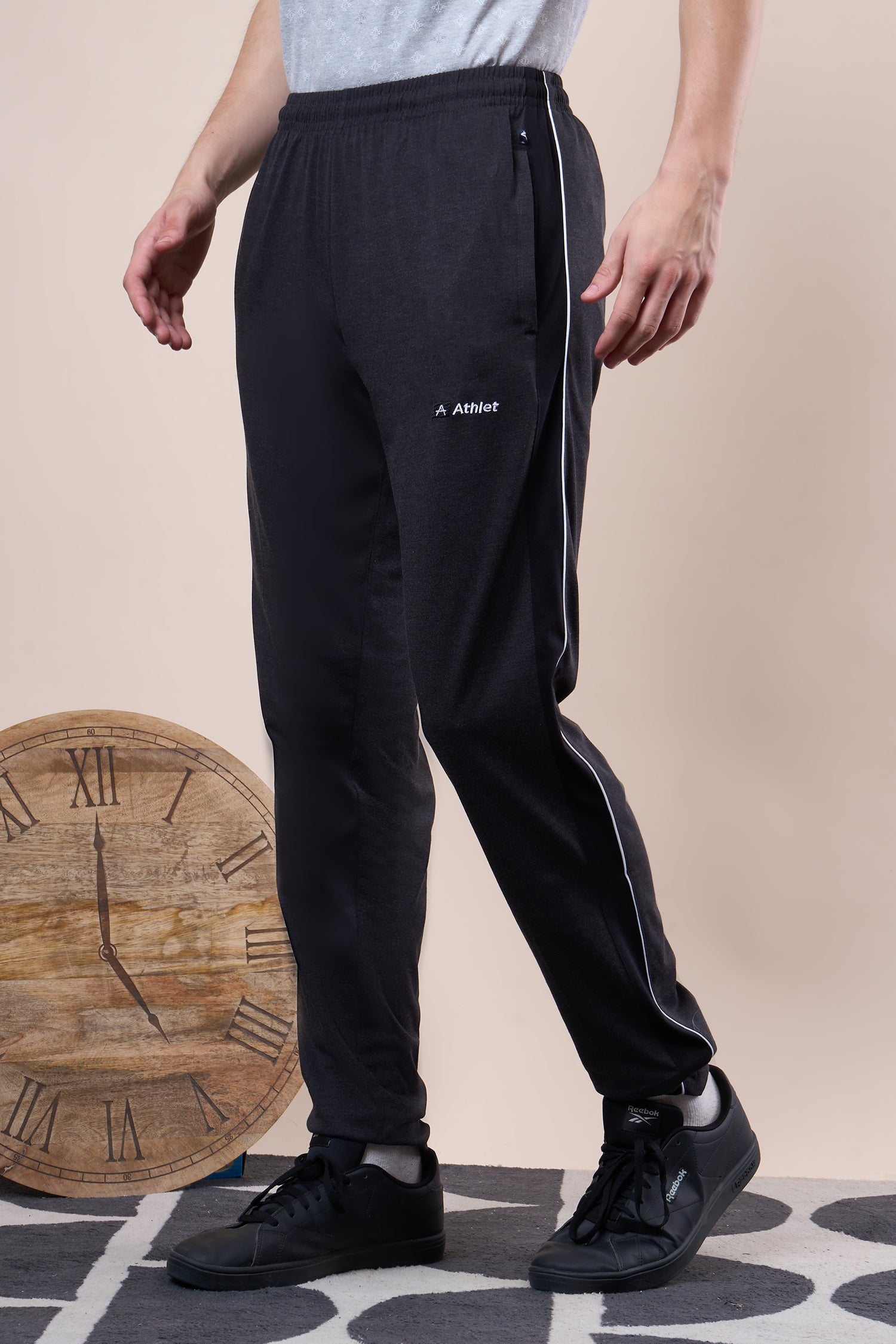 Men’s Cotton Track Pants – Regular Fit, Zipper Pockets Side Pattern -644