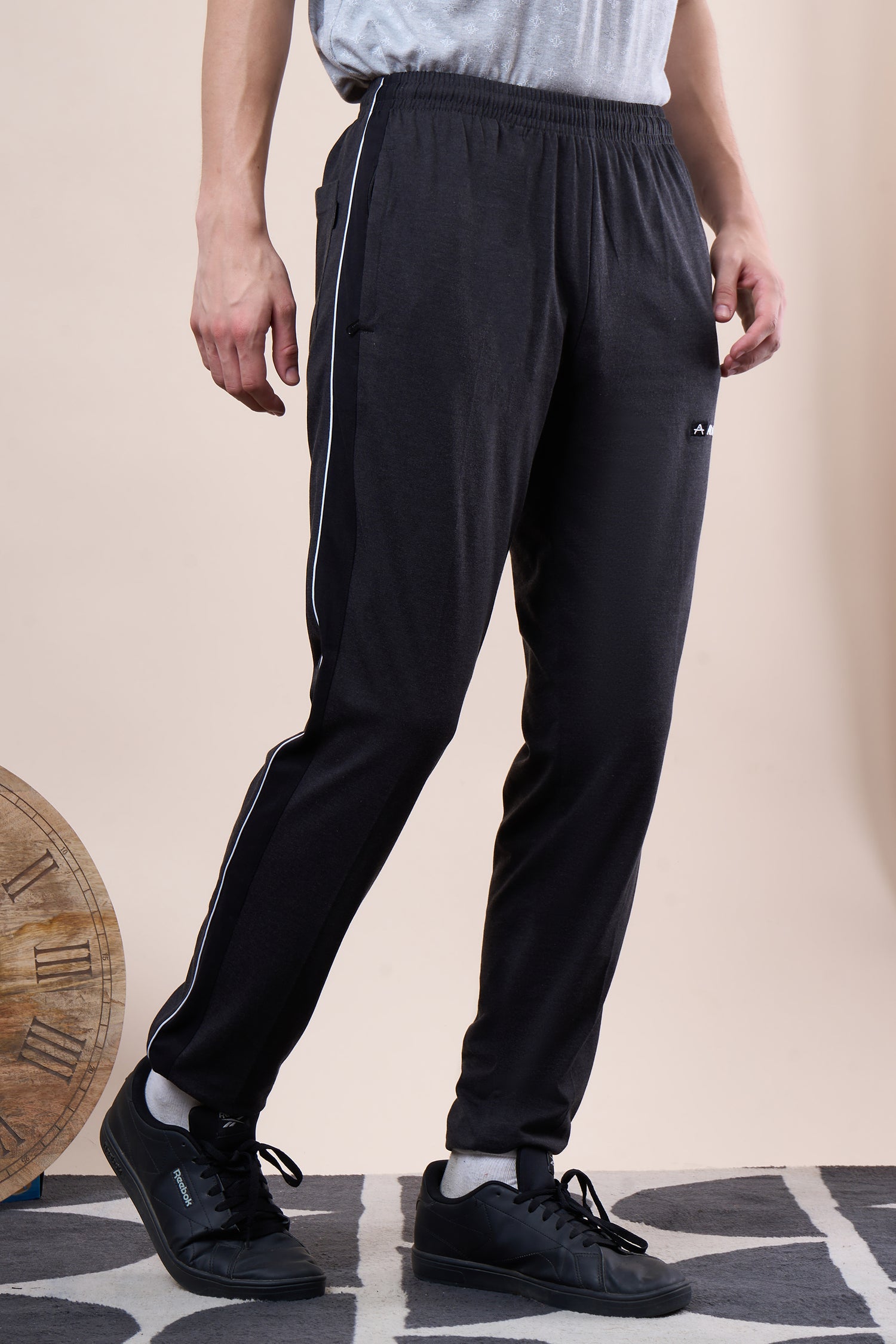 Men’s Cotton Track Pants – Regular Fit, Zipper Pockets Side Pattern -644