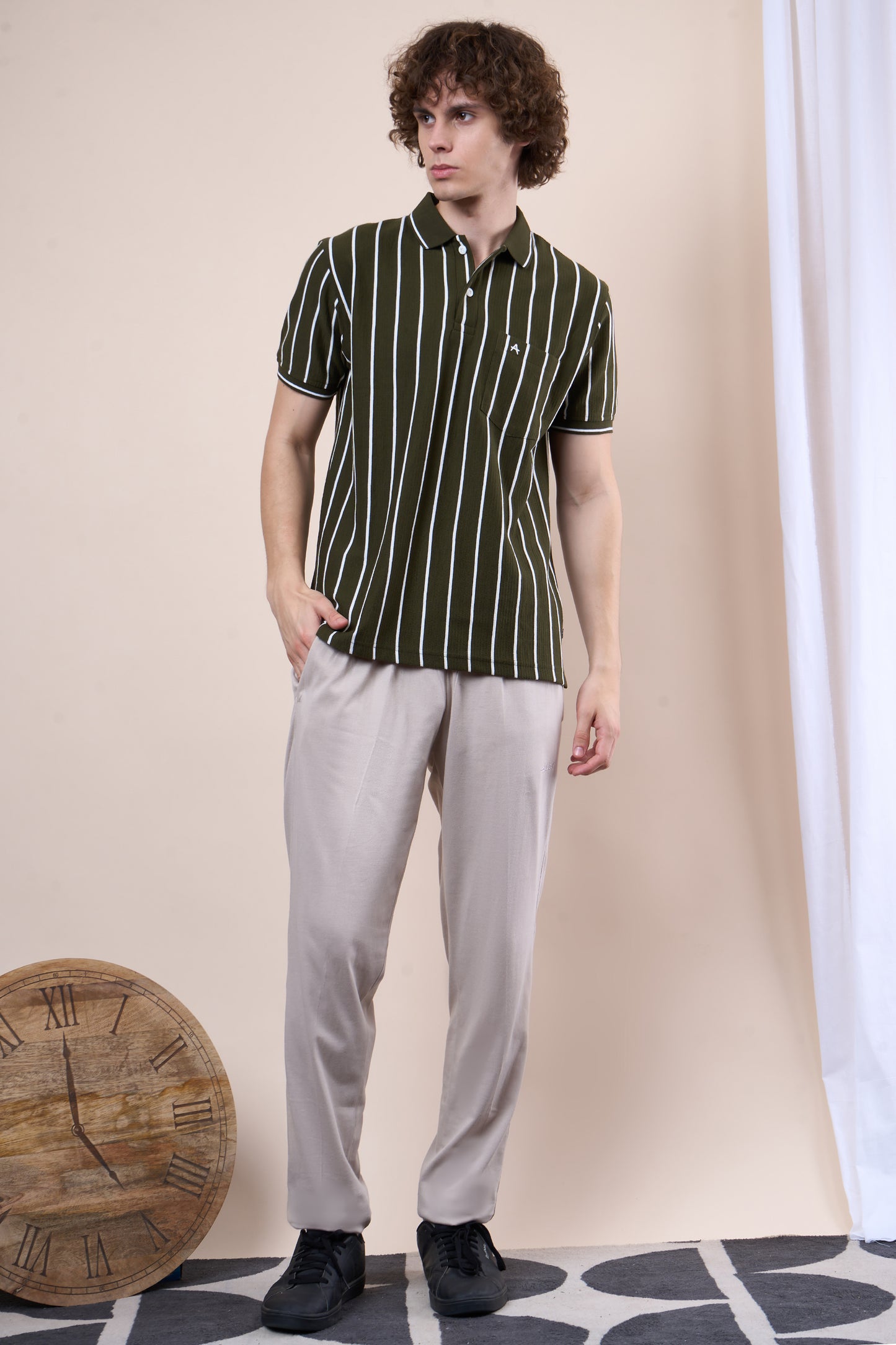 Vertical Striped Jacquard Pocket Polo T-Shirt