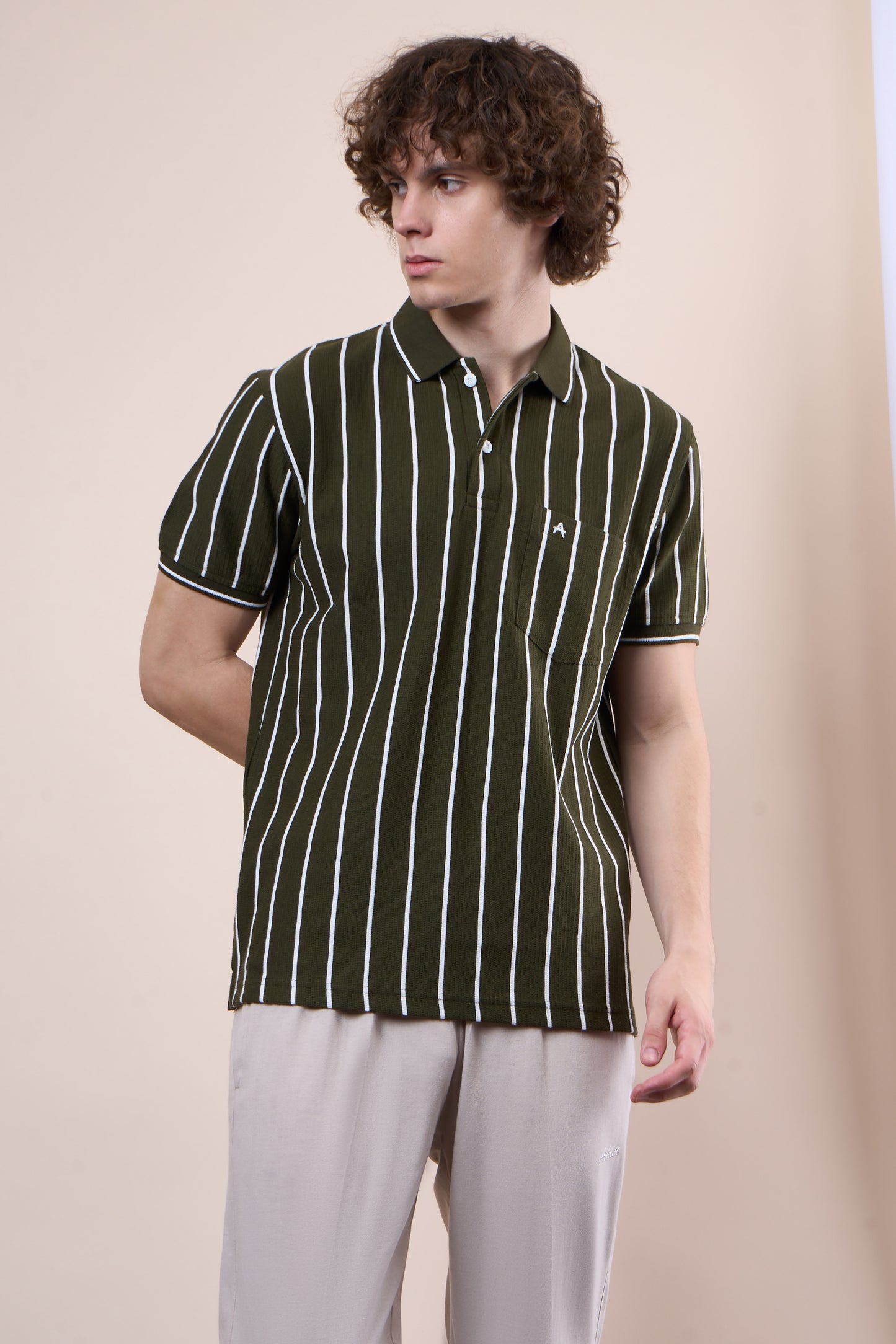 Vertical Striped Jacquard Pocket Polo T-Shirt