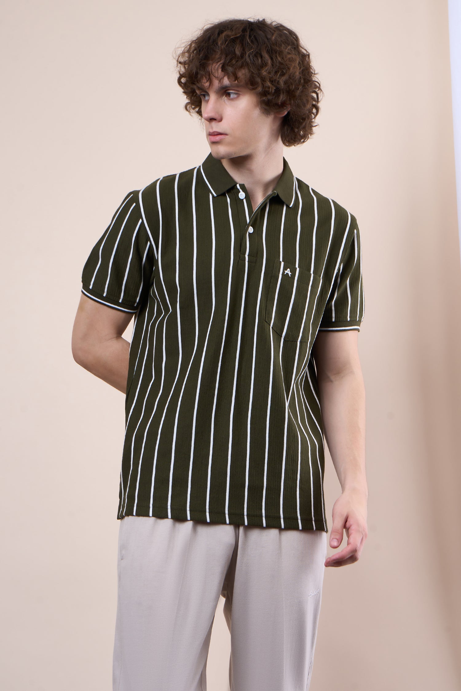 Vertical Striped Jacquard Pocket Polo T-Shirt
