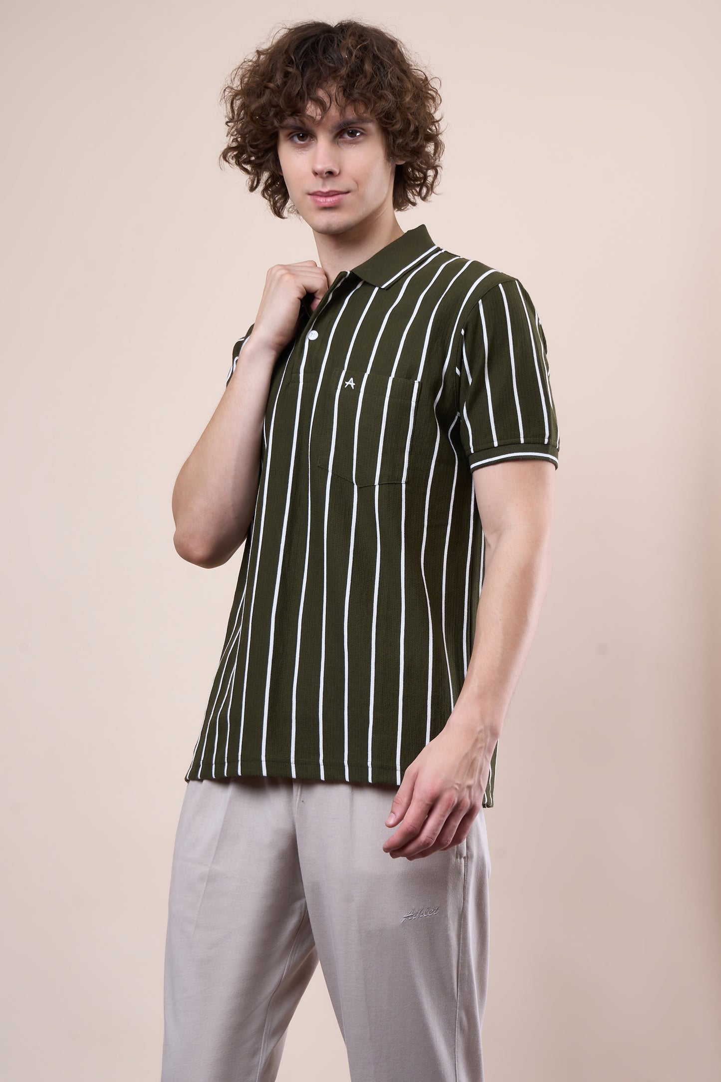 Vertical Striped Jacquard Pocket Polo T-Shirt