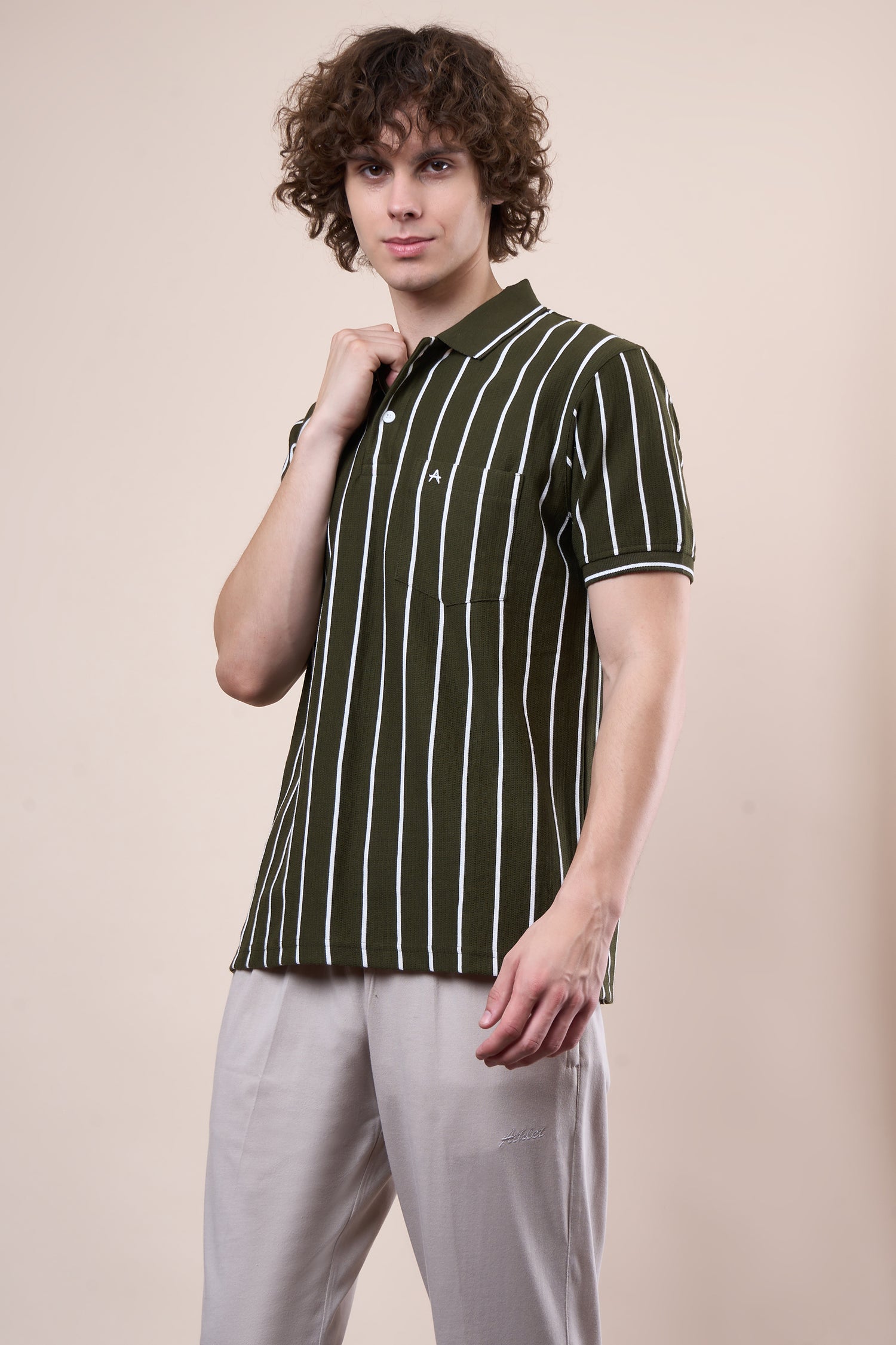 Vertical Striped Jacquard Pocket Polo T-Shirt