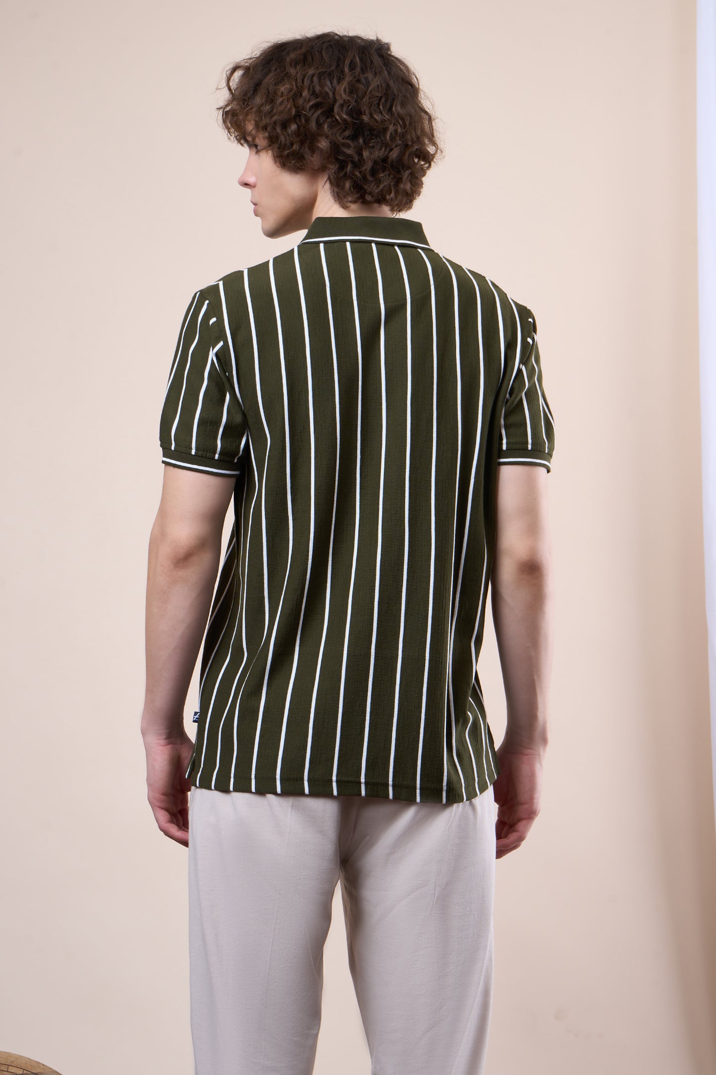 Vertical Striped Jacquard Pocket Polo T-Shirt
