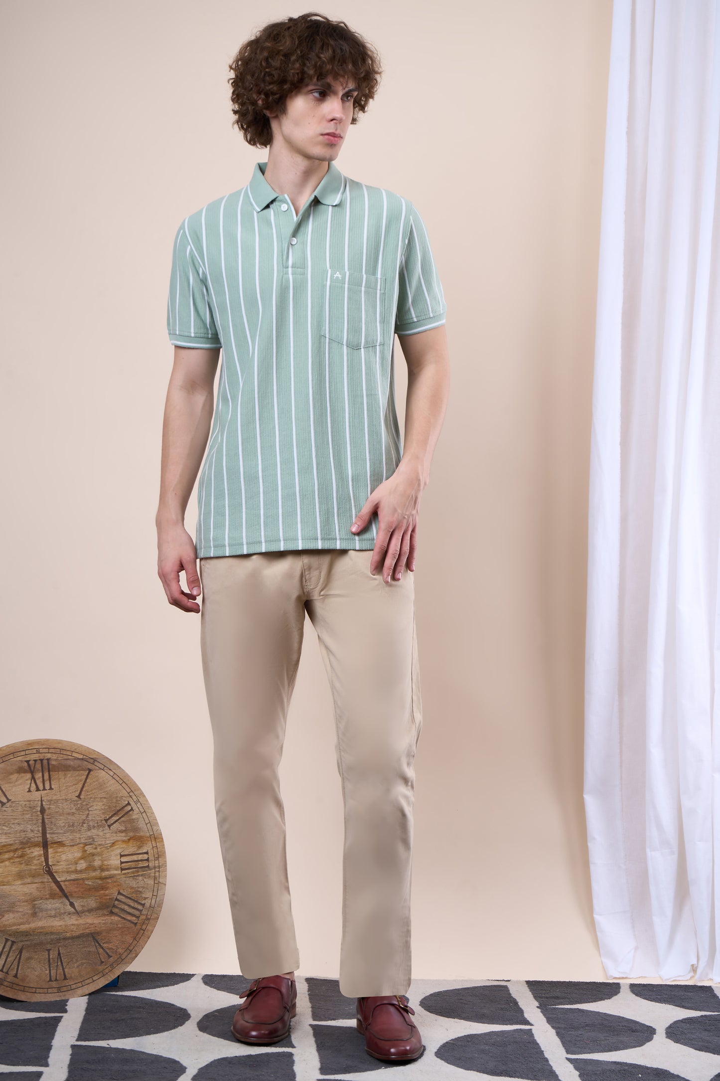 Vertical Striped Jacquard Pocket Polo T-Shirt