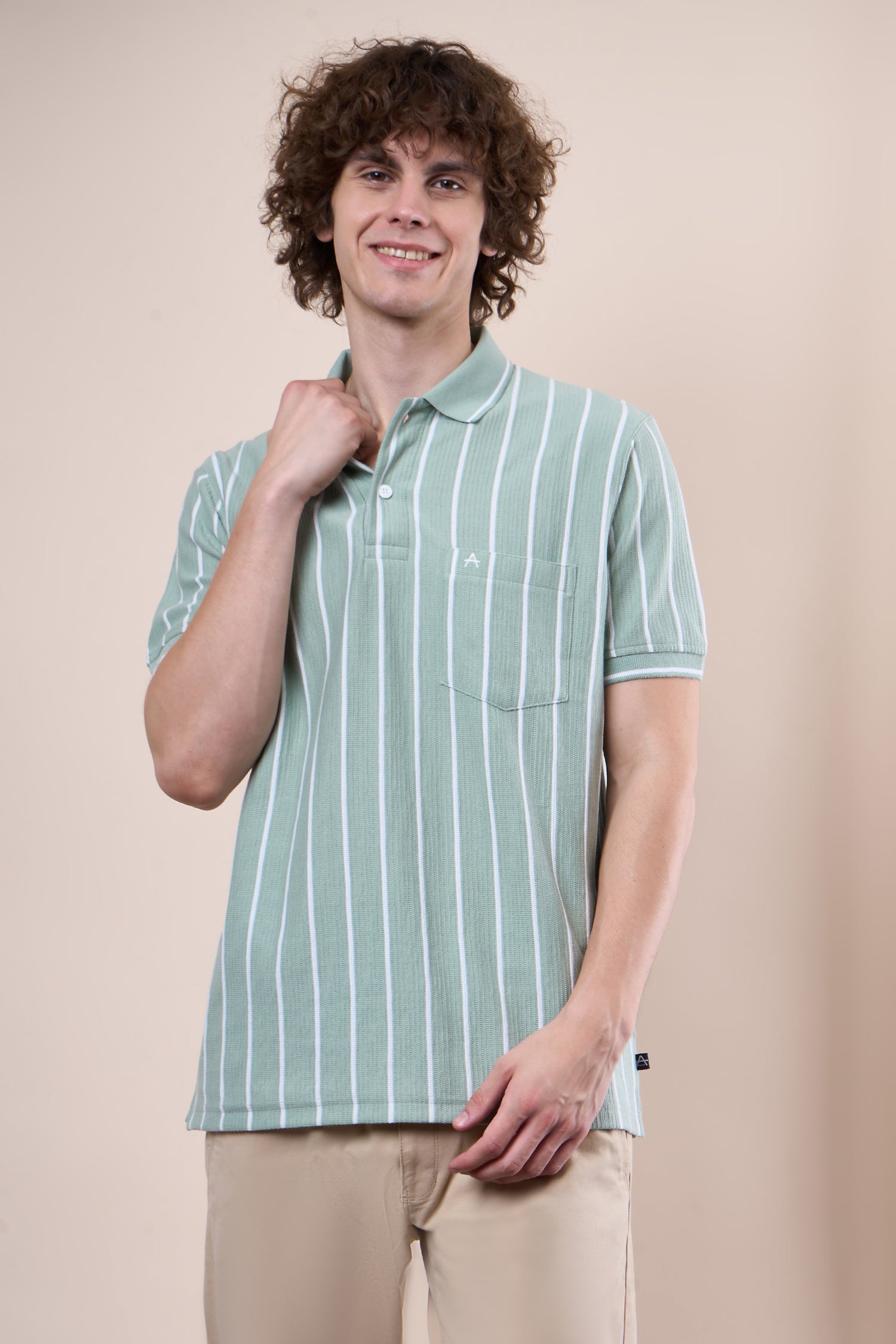 Vertical Striped Jacquard Pocket Polo T-Shirt