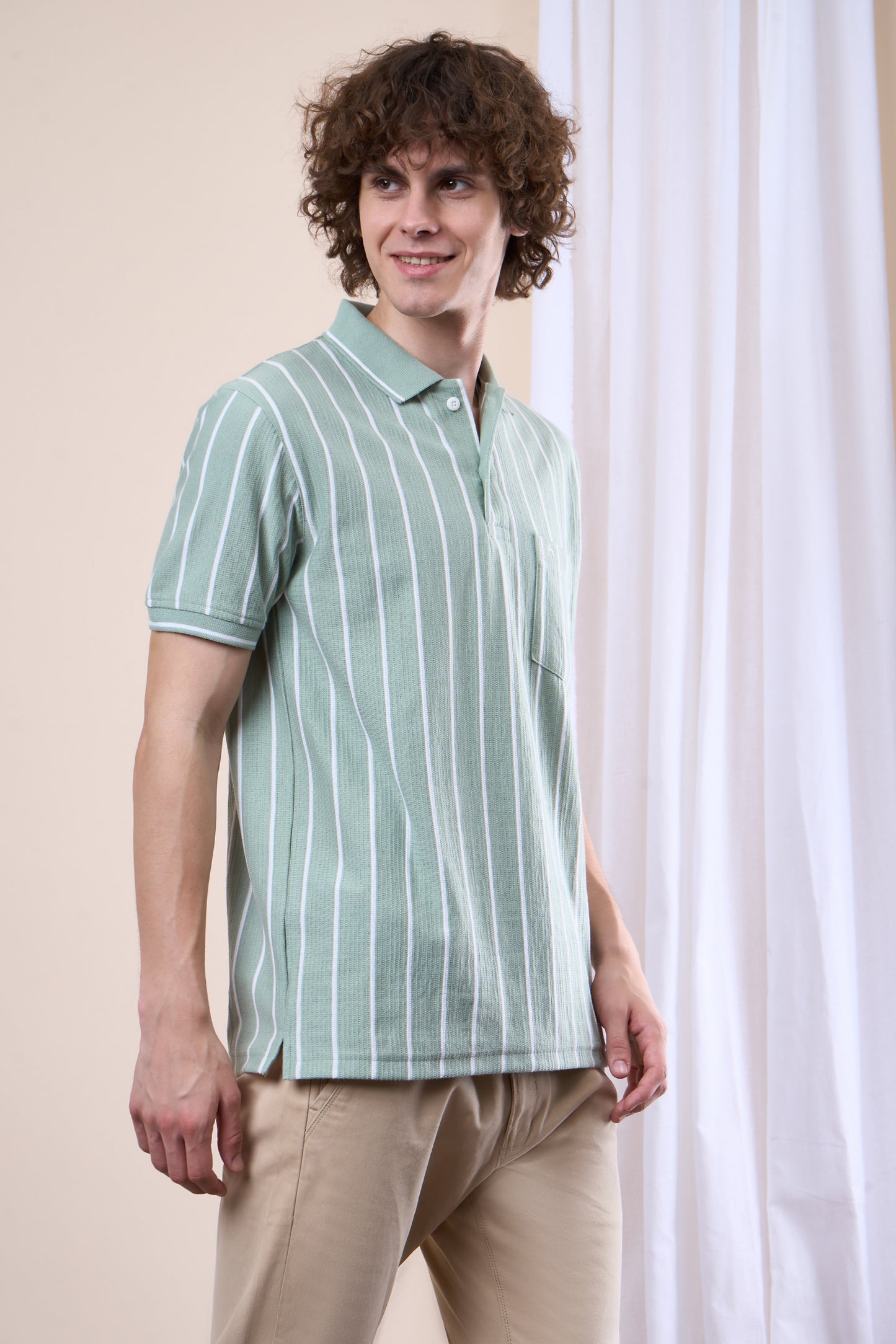 Vertical Striped Jacquard Pocket Polo T-Shirt