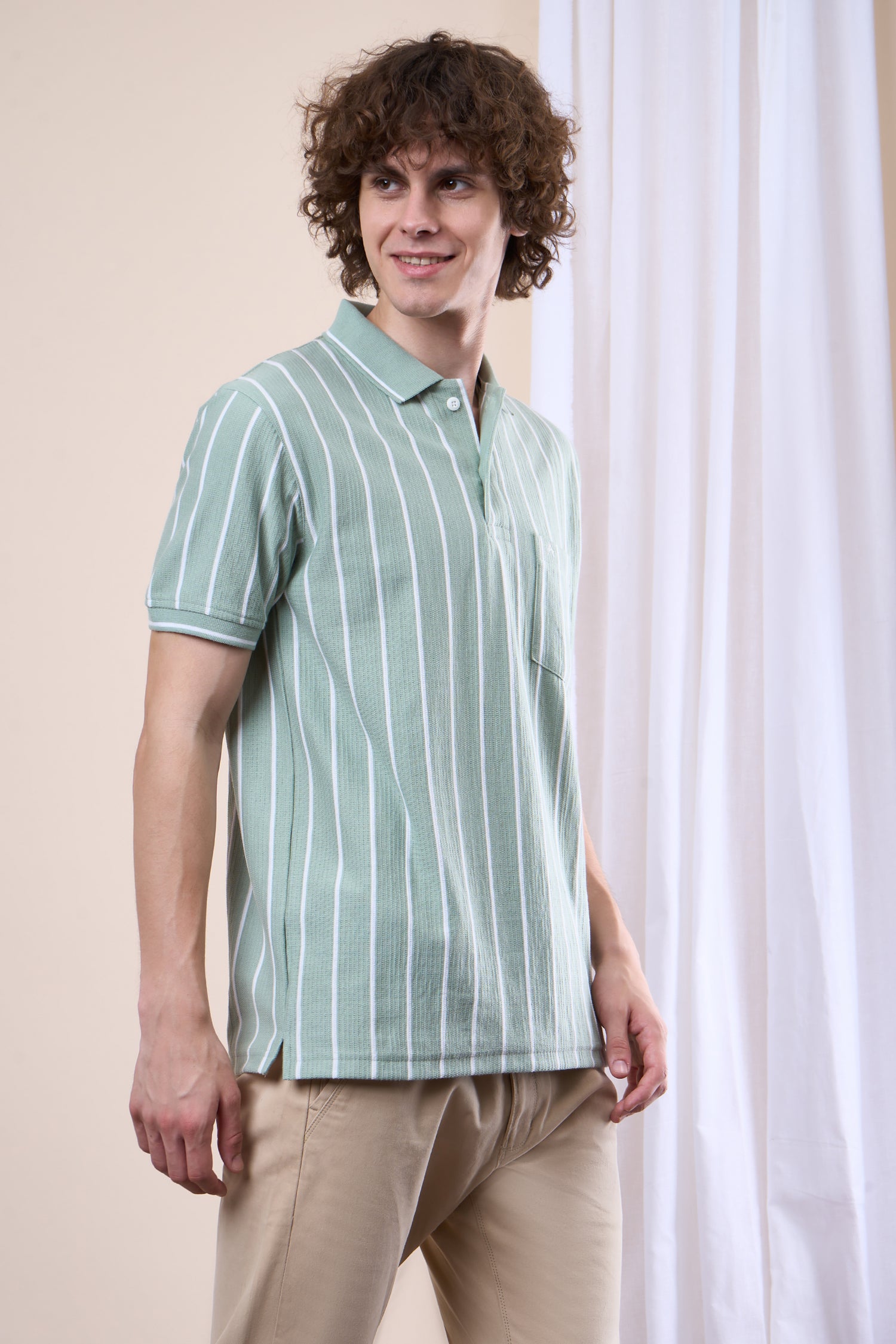 Vertical Striped Jacquard Pocket Polo T-Shirt