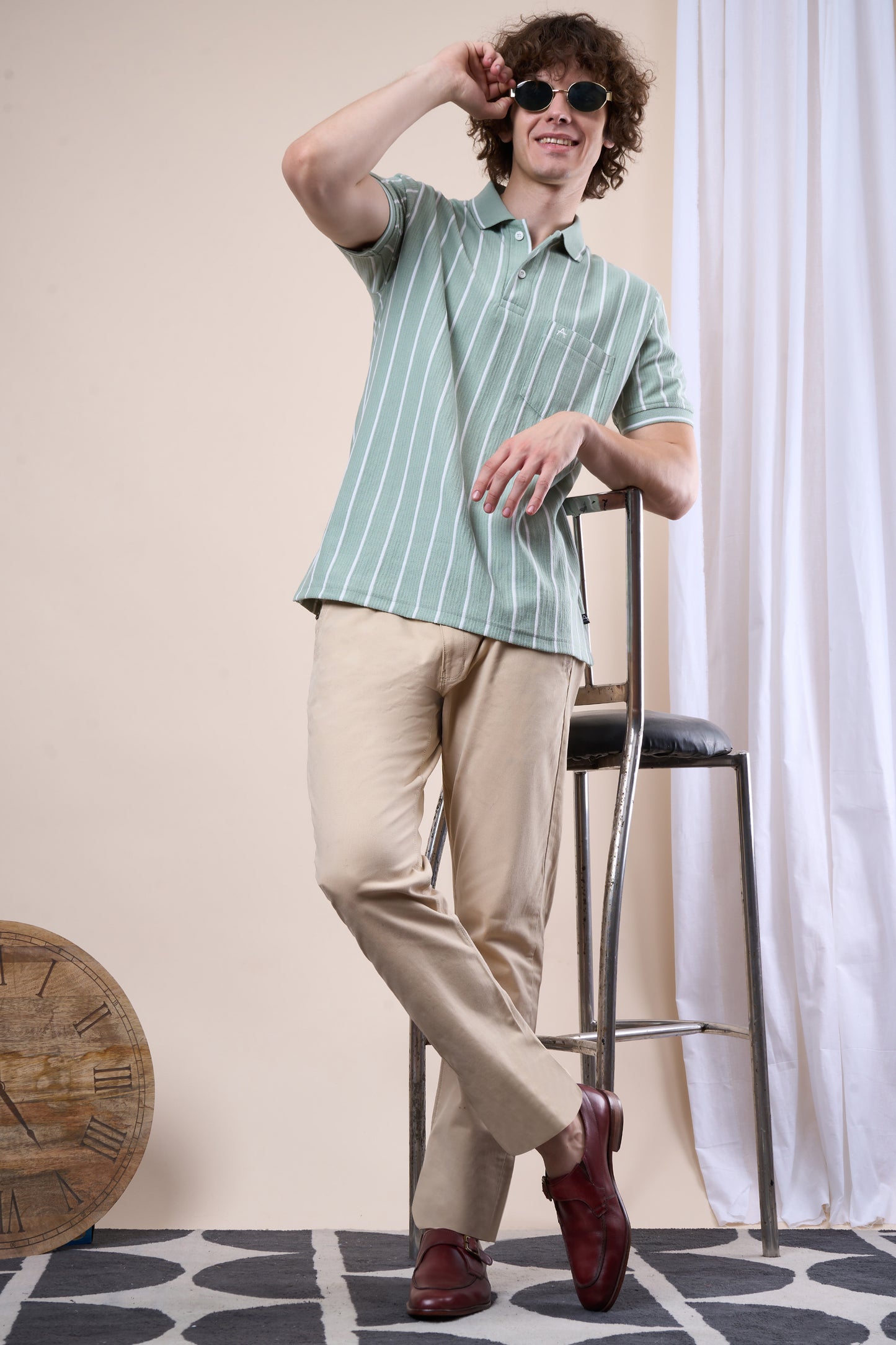 Vertical Striped Jacquard Pocket Polo T-Shirt