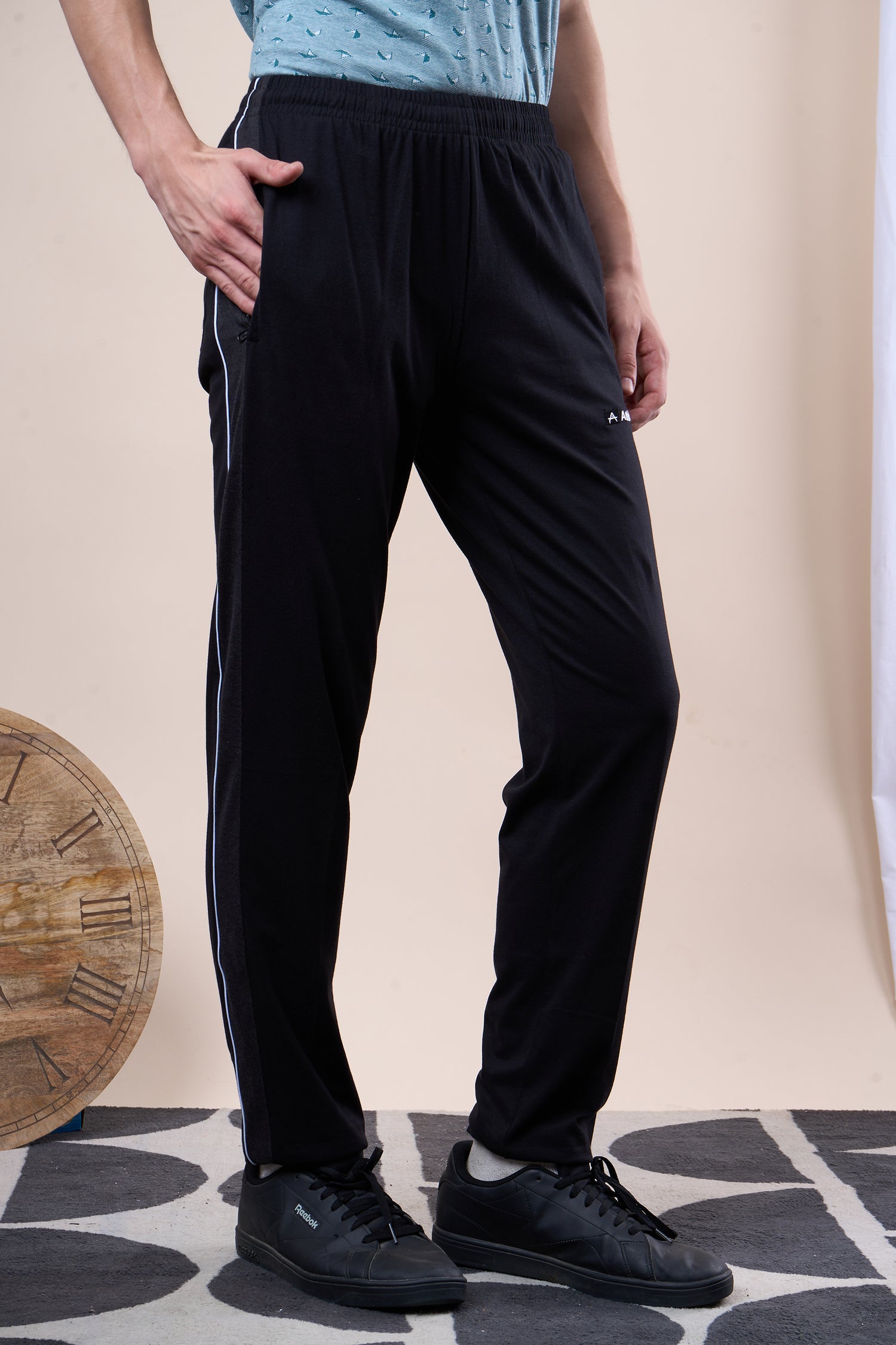 Men’s Cotton Track Pants – Regular Fit, Zipper Pockets Side Pattern -644